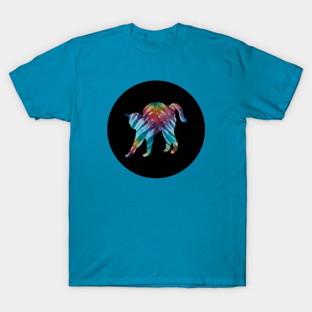 Stretching Tie-Dye Cat on Black Circle T-Shirt by SpotterArt